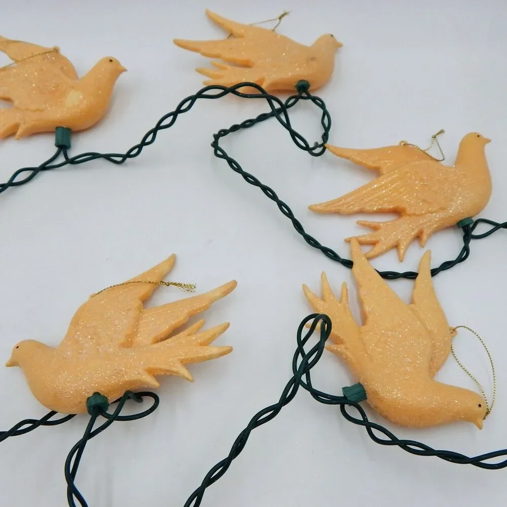 Vintage Blow Mold Dove Bird String Light Set Glitter Ornaments Set of 9 (10)